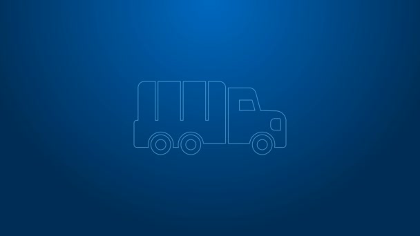 Witte lijn Militaire vrachtwagen pictogram geïsoleerd op blauwe achtergrond. 4K Video motion grafische animatie - Video