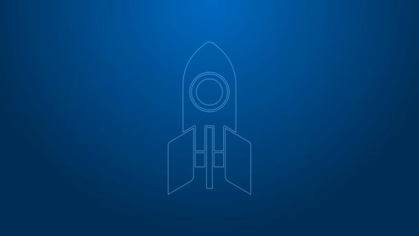 Ligne blanche Rocket ship icône isolée sur fond bleu. Voyage dans l'espace. Animation graphique de mouvement vidéo 4K - Séquence, vidéo