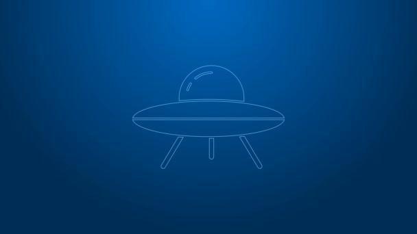 Fehér vonal UFO repülő űrhajó ikon elszigetelt kék háttérrel. Repülő csészealj. Idegen űrhajó. Futurisztikus ismeretlen repülő tárgy. 4K Videó mozgás grafikus animáció - Felvétel, videó