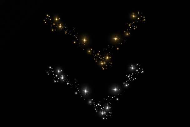 Kerstlichteffect. Sprankelende magische stofdeeltjes. De stofvonken en gouden sterren stralen met speciaal licht. - Vector, afbeelding