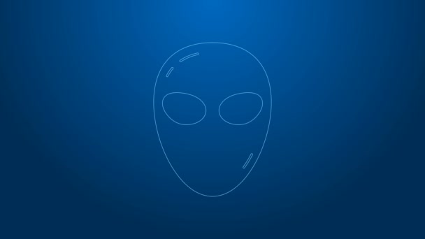 Fehér vonal Alien ikon elszigetelt kék háttérrel. Földönkívüli idegen arc vagy fej szimbólum. 4K Videó mozgás grafikus animáció - Felvétel, videó