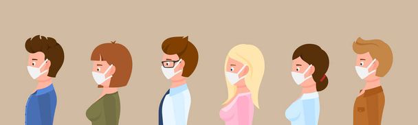 Cartoon character side view portrait man and woman wearing medical masks standing in line protecting disease, flu vector illustration set. Group of male and female people preventing corona virus infection - Wektor, obraz