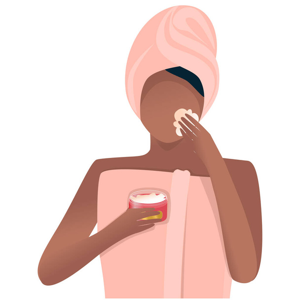 Afro-American woman after shower makes cosmetic procedures on her face. The concept of a healthy lifestyle, cosmetology, skin care for the face, eyes, spa treatments. Cartoon flat style - Διάνυσμα, εικόνα