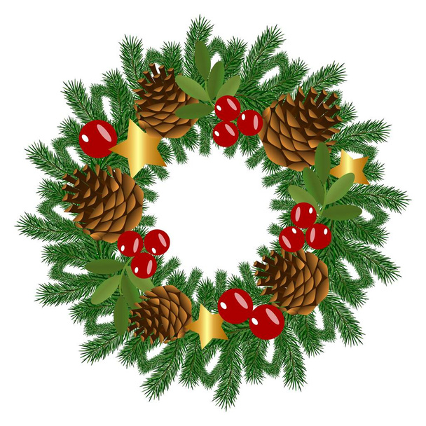 Christmas wreath on a white background. Vector holiday decoration of coniferous green branches, cones, holly berries and golden stars. Traditional Christmas or New Year decoration on the door. - Vector, Image