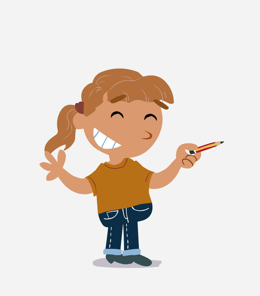 personaje de dibujos animados de niña en jeans dice algo divertido mientras señala a un lado con un lápiz - Vector, Imagen