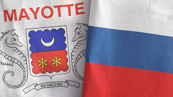 Rusia y Mayotte dos banderas de tela textil representación 3D - Foto, Imagen