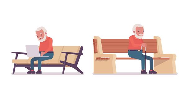Starzec, starsza osoba siedzi na ławce z laptopem, laską - Wektor, obraz