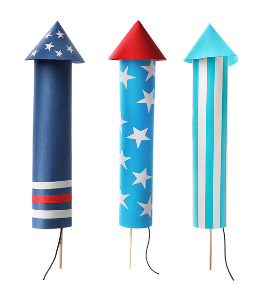 Set of bright firework rockets isolated on white - Photo, Image