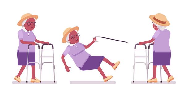 Старая черная женщина, пожилая женщина с медицинским ходунком, трость скользкая - Вектор,изображение