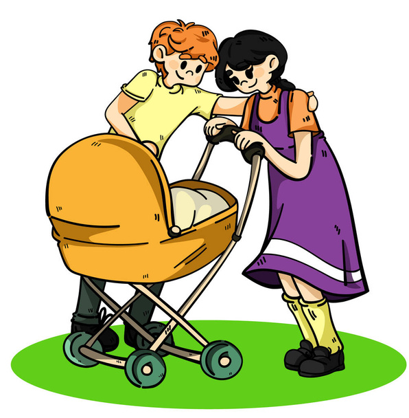 El padre y la madre llevan al niño en un carro de bebé. Ilustración vectorial de dibujos animados planos a color aislados sobre fondo blanco. - Vector, imagen