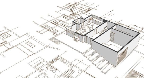 fachadas plano de la casa bosquejo arquitectónico 3d ilustración - Foto, imagen