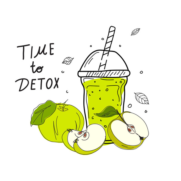 Smoothies or detox cocktail day poster in doodle style. Set of hand drawn ingredients for a cocktail or detox drink in a mason cup or jar. Healthly food. Vector illustration Great for poster, banner. - Wektor, obraz