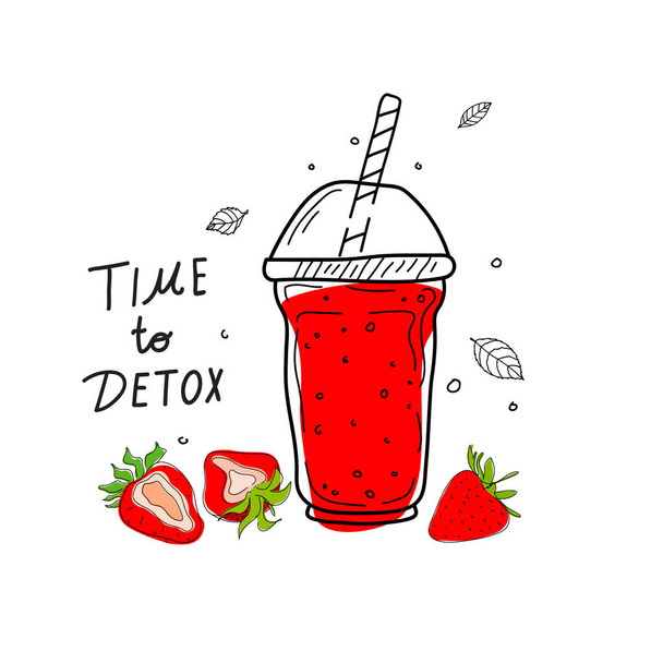 Smoothie cocktail for detox day poster in doodle style. Set of hand drawn ingredients for a cocktail or detox drink in a cup. Healthy food. Vector illustration Great for poster, banner. - Vector, Image