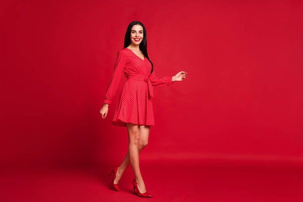 Full length body size view of smart luxurious cheerful lady going enjoying festal occasion isolated over bright red color background - Фото, зображення