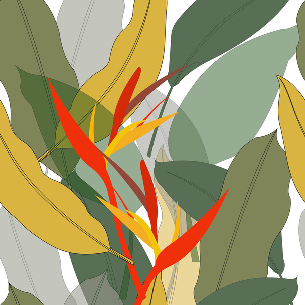 Seamless pattern with large leaves and bright Heliconia flower for trendy prints, fabrics, wrapping paper, T-shirts. - Foto, Imagen