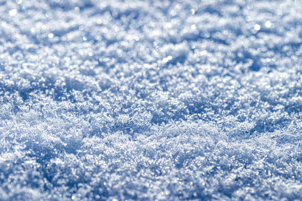 Close-up shot of snow crystals illuminated by sunlight. Winter background. - Photo, Image
