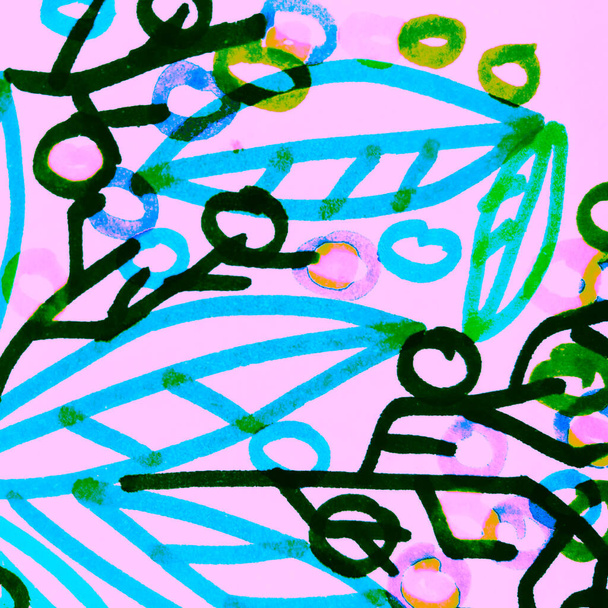 Roze bloem kunstwerk. Green Wash Drawing. Azure Artistiek Ontwerp. Botanische Print. Heldere natte presentatie. Acryl Canva. Kleurrijke abstracte graffiti. - Foto, afbeelding