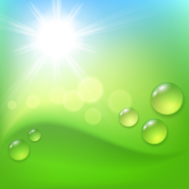 Green abstract background with drop of dew and sun - Vector, Image