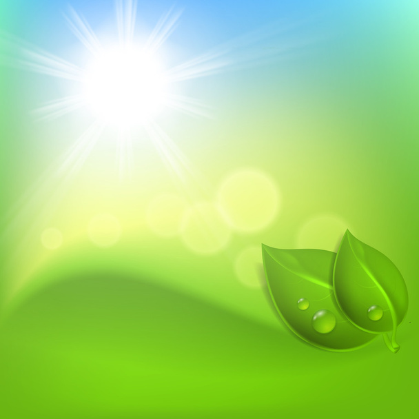 Фон с зеленым листом и каплей росы
 - Вектор,изображение