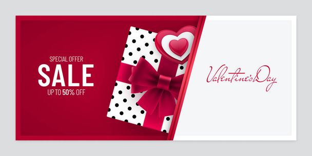 Valentinstag Verkauf Papier geschnitten Einladung Banner Design mit Einfügen Geschenkbox und Herzform. Horizontale Werbeflyer Plakatentwurf für den Valentinstag. - Vektor, Bild