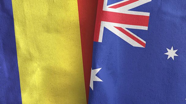 Austrálie a Rumunsko dvě vlajky textilní tkaniny 3D vykreslování - Fotografie, Obrázek