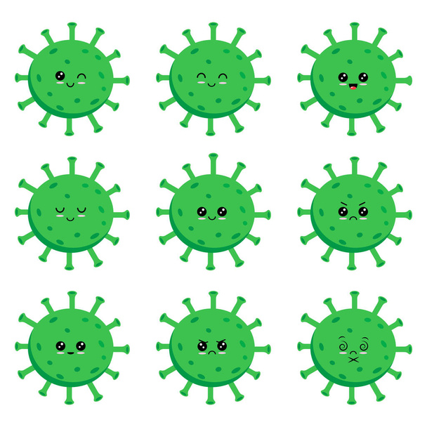  Ensemble de vecteurs de virus de la couronne verte. Émoji et émoticône de dessin animé Corona virus covid-19 avec différentes expressions pour les éléments de conception de l'épidémie mondiale. - Vecteur, image