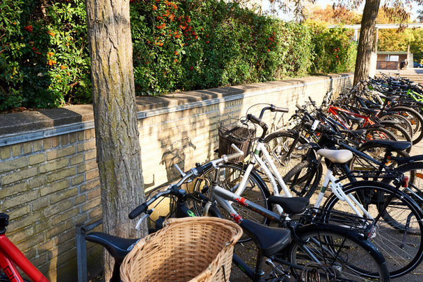 place de stationnement pour vélos avec porte-vélos sur la cour de l'école - Photo, image