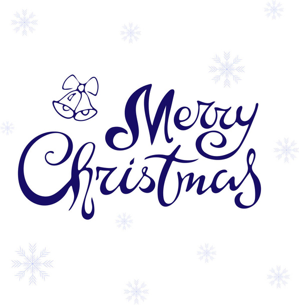 Счастливого Рождества глубокая синяя рука надпись на белом фоне с колоколами и снежинками. Рождественская открытка. Векторная иллюстрация праздничных приглашений, баннеров, открыток, праздничных пакетов, листовок, надписей, календаря - Фото, изображение