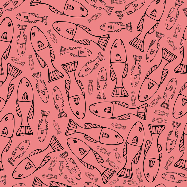 Nahtloses Muster mit schwarzem Fisch auf rotem Hintergrund. Muster für Druck, Tapete, Packpapier, Einband, Textil wiederholen. - Vektor, Bild