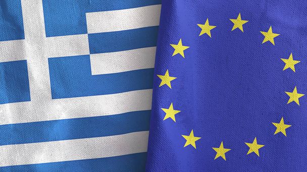 Unión Europea y Grecia dos banderas de tela textil representación 3D - Foto, imagen
