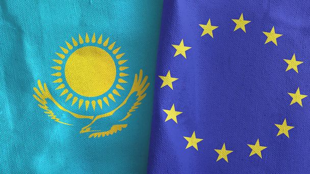 Unión Europea y Kazajstán dos banderas de tela textil 3D renderizado - Foto, imagen