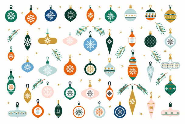 Glass Christmas tree toys. Set of hanging Christmas baubles isolated on white background. Decorative design elements in flat style for new year and holiday. - Vector, Image