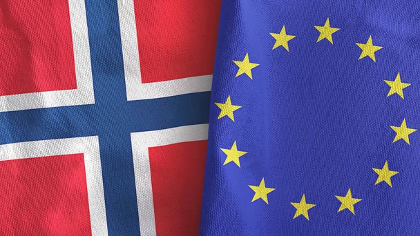 Europäische Union und Norwegen zwei Flaggen Textiltuch 3D-Rendering - Foto, Bild