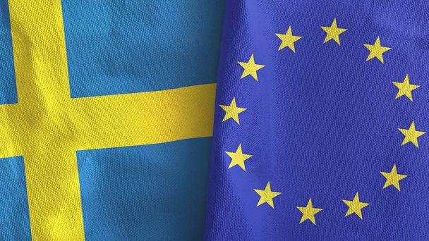 European Union and Sweden two flags textile cloth 3D rendering - Fotoğraf, Görsel