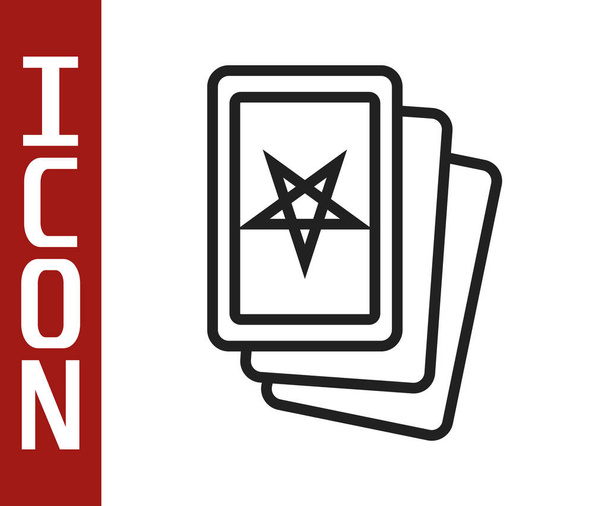 Zwarte lijn Drie tarotkaarten pictogram geïsoleerd op witte achtergrond. Magische occulte set tarotkaarten. Vector. - Vector, afbeelding