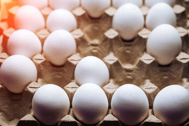 Organic village eggs in carton box. Empty cells without eggs. White farmer eggs closeup. - Foto, immagini