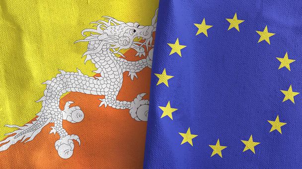 Unión Europea y Bután dos banderas de tela textil representación 3D - Foto, imagen