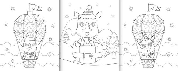 livre à colorier avec des personnages de Noël rhinocéros mignons - Vecteur, image