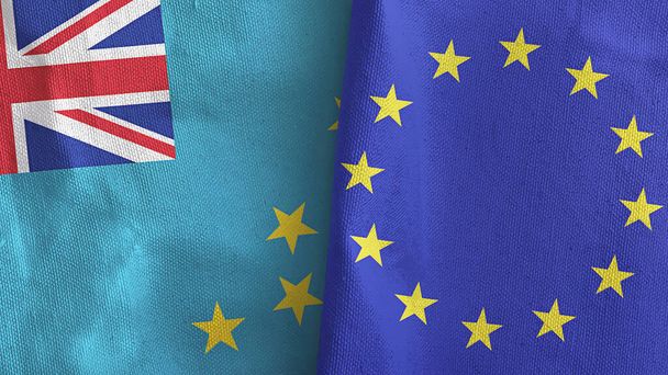 Európai Unió és Tuvalu két zászlós textilszövet 3D-s renderelés - Fotó, kép