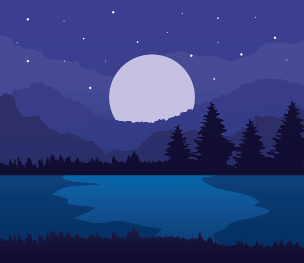 landscape of pine trees lake and moon on purple background vector design - Vecteur, image