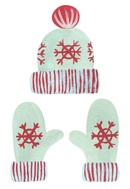Sombrero de guache dibujado a mano y manoplas. Lindo accesorio de invierno ilustración aislada en blanco. Símbolo de Navidad. - Foto, imagen