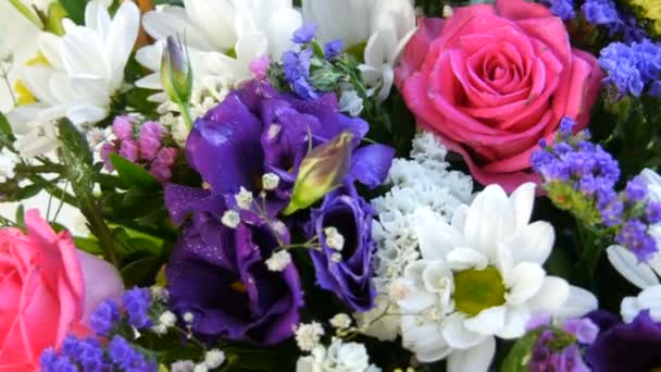 Ένα όμορφο κομψό μπουκέτο από διάφορα πολύχρωμα λουλούδια μαργαρίτες, τριαντάφυλλα, αποξηραμένα λουλούδια. Εορταστική νυφική ανθοδέσμη από λευκά, ροζ, μπλε, μοβ, κίτρινα λουλούδια - Πλάνα, βίντεο