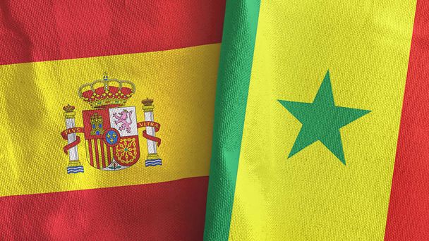 Senegal y España dos banderas de tela textil 3D renderizado - Foto, imagen