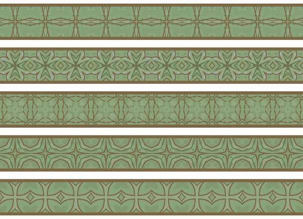 Set of five illustrated decorative borders made of abstract elements in brown and shades of green - Vektor, kép