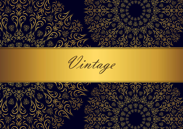 Golden mandala design on black background. Decorative floral template for greeting card, invitation or banner. Vector illustration - Vector, imagen