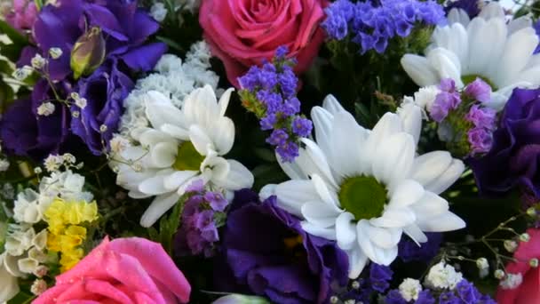 Красивый стильный букет из различных разноцветных цветов ромашки, роз, сушеных цветов. Праздничный свадебный букет из белых, розовых, голубых, фиолетовых, желтых цветов - Кадры, видео