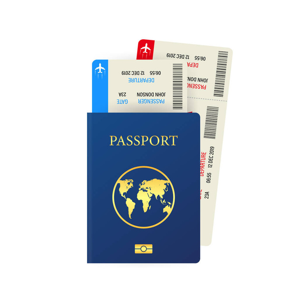 Pasaporte y tarjeta de embarque aislados sobre fondo blanco. Concepto de viaje. Ilustración vectorial - Vector, imagen