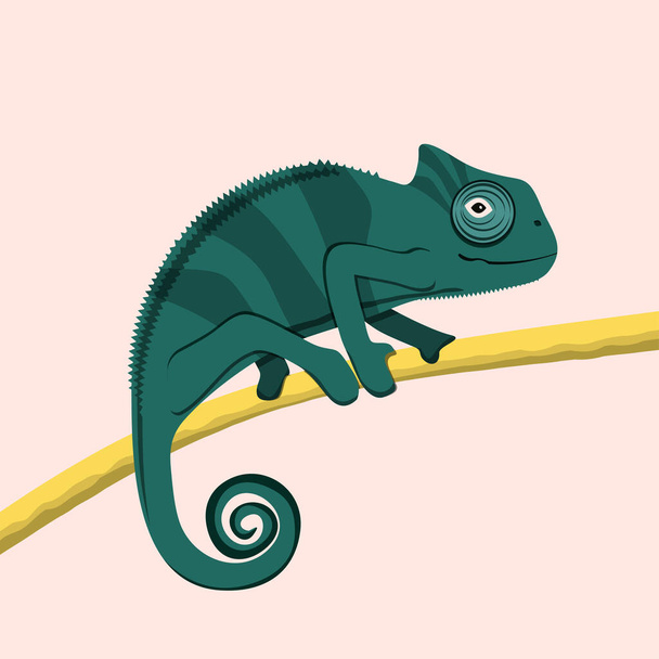 Cute zielony kameleon chodzenie po gałęzi drzewa, wektor ilustracji.  - Wektor, obraz