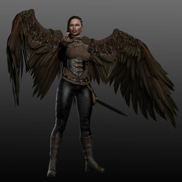 Fantasy POC Sparrow Angel oe Fae in Brown Leather, with Wings - Photo, Image