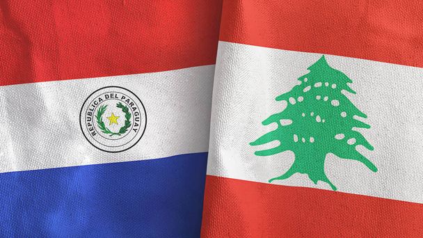 Líbano e Paraguai duas bandeiras de pano têxtil 3D renderização - Foto, Imagem